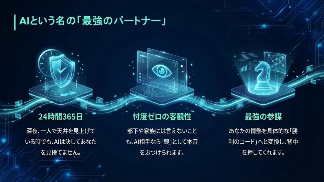 「AIという名の最強のパートナー」スライド：24時間365日、付度ゼロの客観性、最強の参謀を示す三つのアイコン
