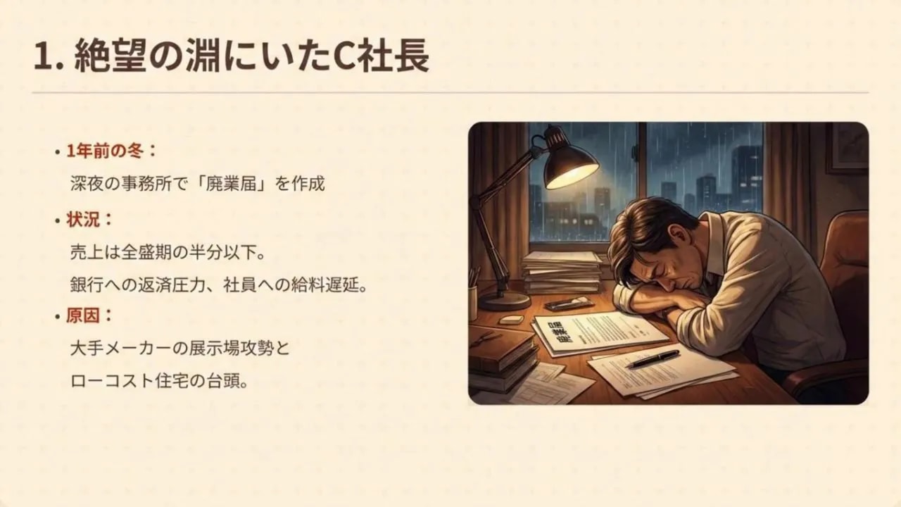 深夜のオフィスで書類に寄りかかる疲れた経営者の横顔