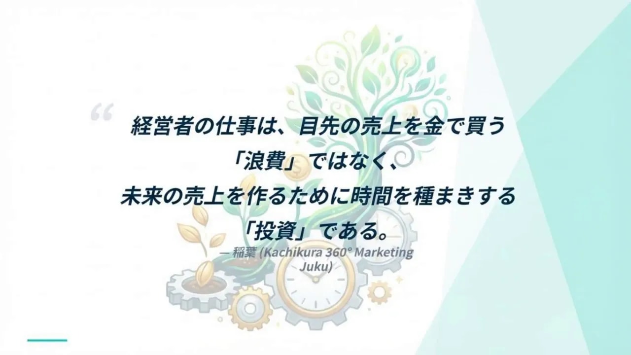引用スライド：『経営者の仕事は、目先の売上を金で買う「浪費」ではなく、未来の売上を作るために時間を種まきする「投資」である。』と中央に大きく表示されたプレゼン画面（背景に植物と歯車のイラスト）。