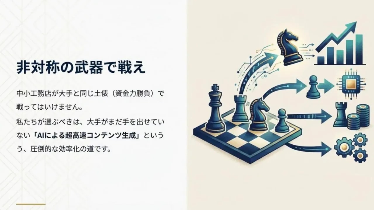 スライド：『非対称の武器で戦え』という見出しと、チェス盤から矢印で成長グラフ・チップ・コイン・歯車に繋がるイラストで、AI活用による戦略的優位と成果を表現しているプレゼン画面。