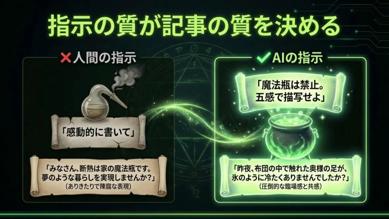 指示の質が記事の質を決める：左に『感動的に書いて』などの曖昧な人間の指示、右に具体的なAI指示の例が並ぶインフォグラフィック
