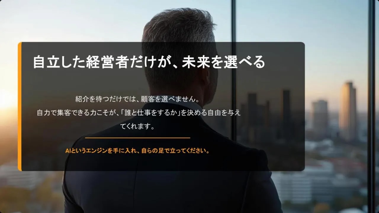窓の外の都市景観を見つめる経営者の後ろ姿に「自立した経営者だけが、未来を選べる」と書かれたテキストオーバーレイ