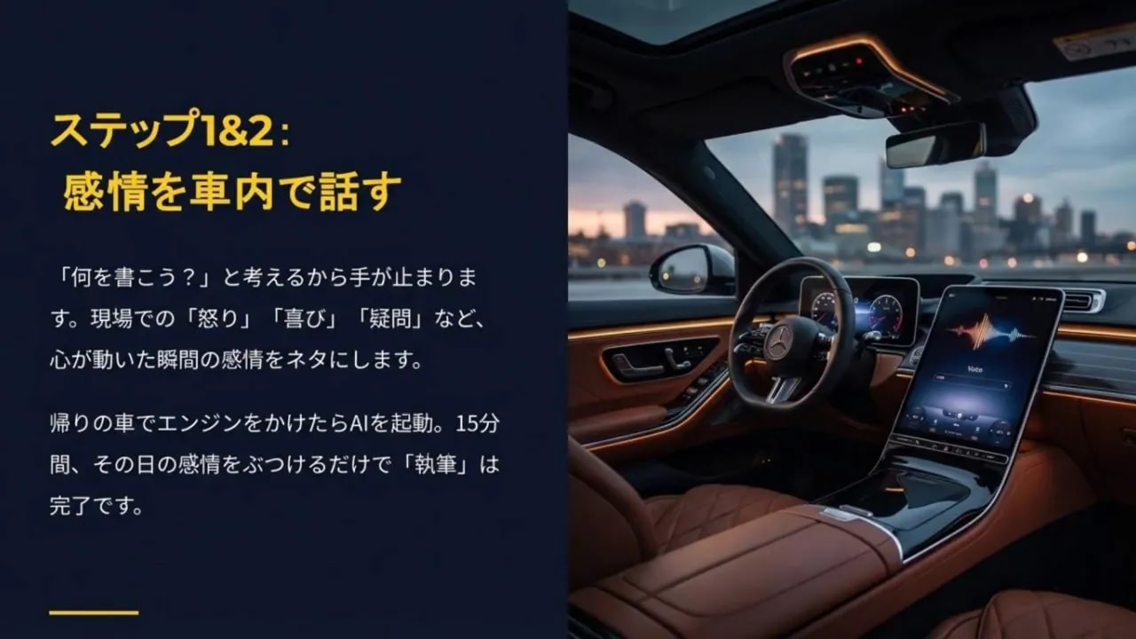 車内のインテリアとスマホ画面に表示された音声波形のスライド