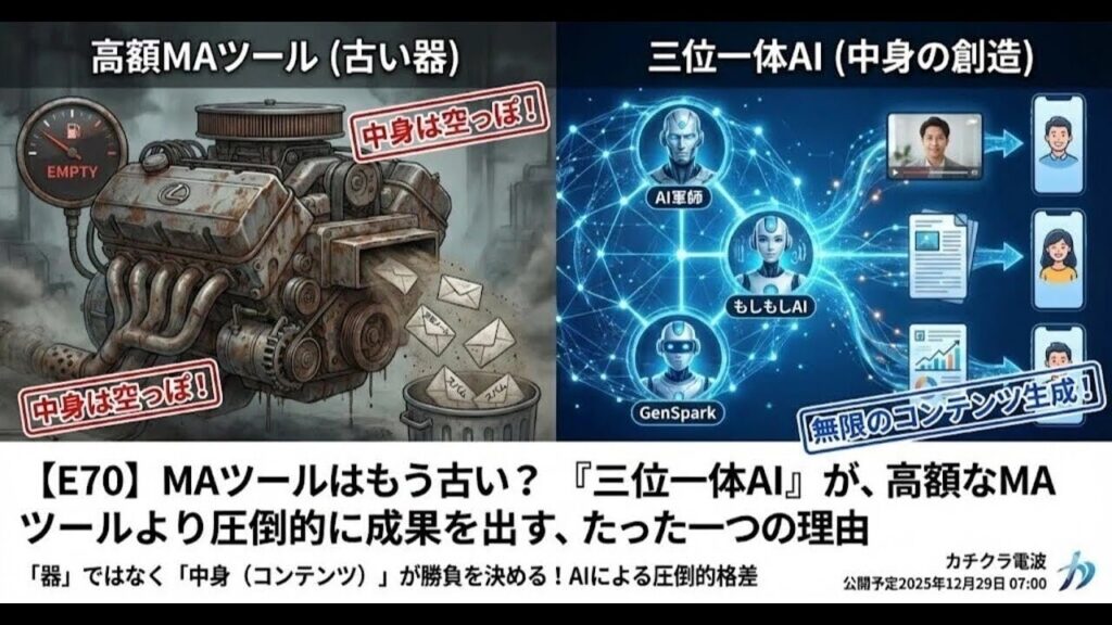 video thumbnail for 'MAツールはもう古い？『三位一体AI』が、高額なMAツールより圧倒的に成果を出す、たった一つの理由【カチクラ電波E70 】'