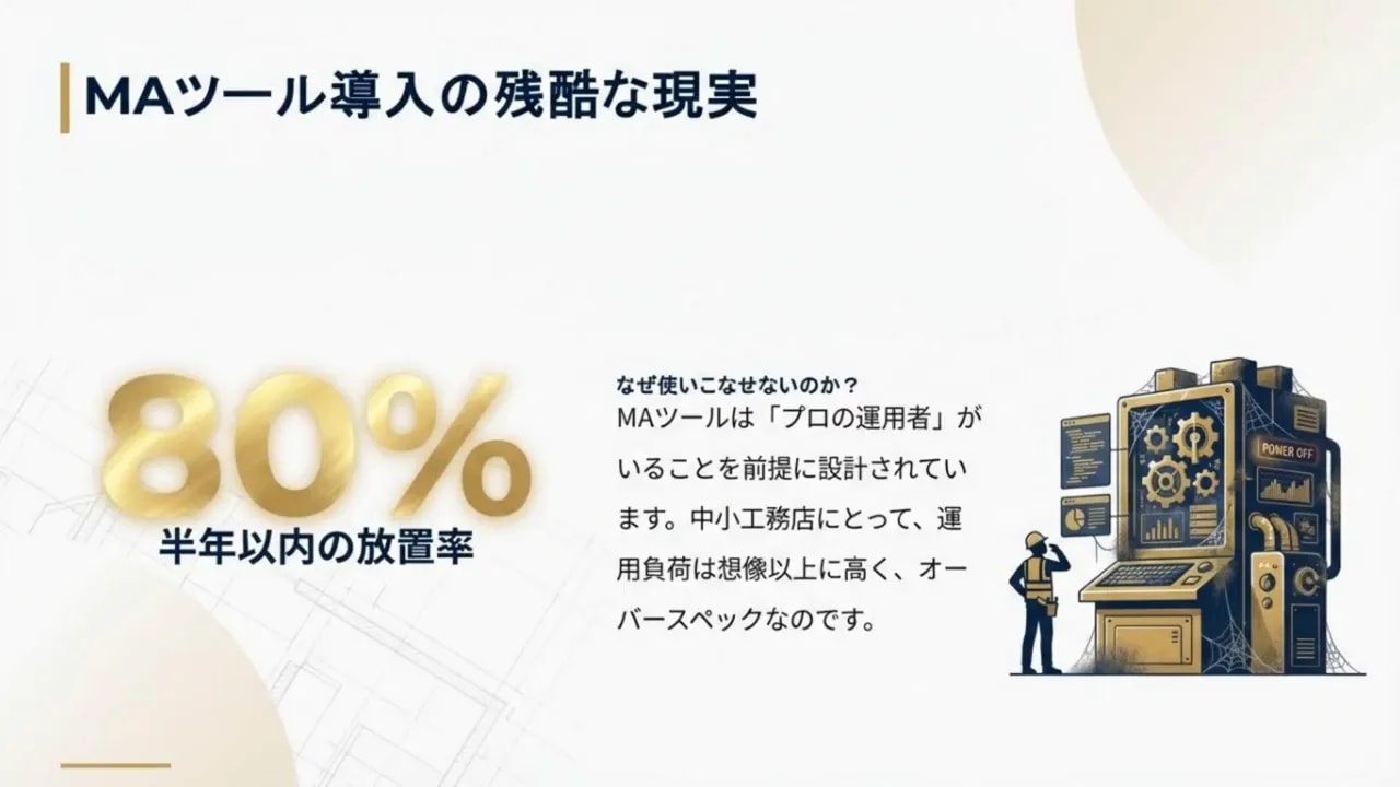 「MAツール導入の残酷な現実」スライド、80%放置率と複雑な機械のイラスト