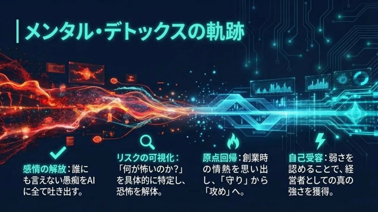 メンタル・デトックスの軌跡を示すスライド。感情の解放、リスクの可視化、原点回帰、自己受容と記載された図版。