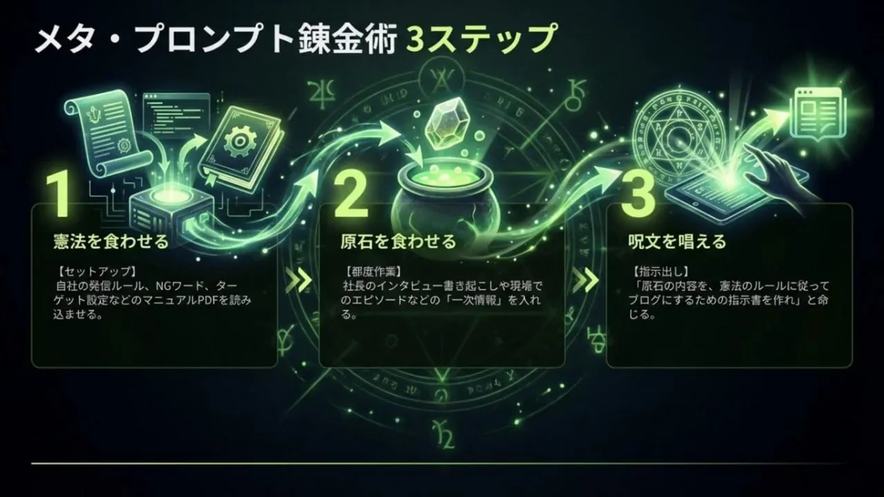 メタ・プロンプト錬金術の3ステップ図：1 憲法を食わせる、2 原石を食わせる、3 呪文を唱える