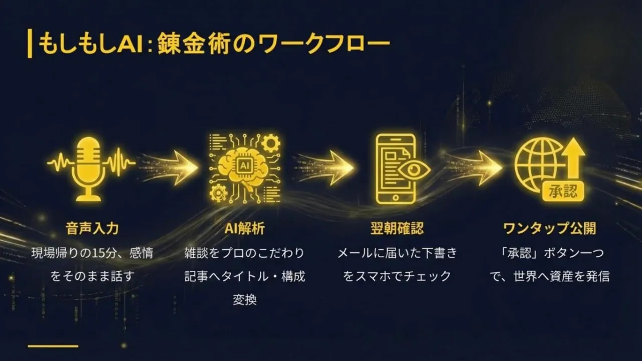 音声入力からAI解析、翌朝確認、ワンタップ公開までのワークフローを示す高コントラストなスライド