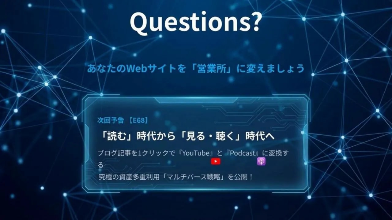はっきり表示されたQuestions? の見出しと『あなたのWebサイトを「営業所」に変えましょう』のメッセージが見えるプレゼンスライド