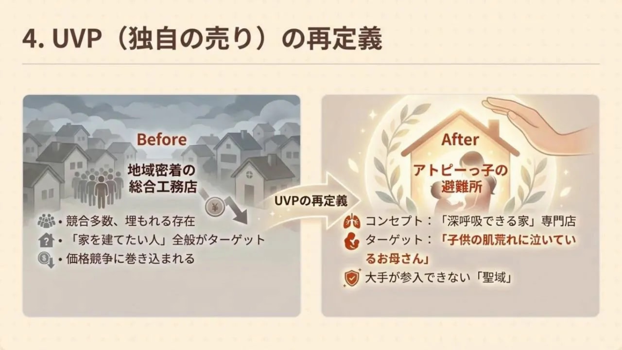 プレゼン画像:UVP再定義(左:一般工務店、右:アトピーの子どもの避難所を示すAfter)
