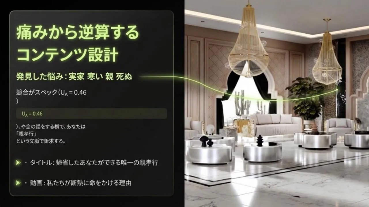 スライド:痛みから逆算するコンテンツ設計(発見した悩み:実家、寒い、親、死ぬ)と室内イメージ