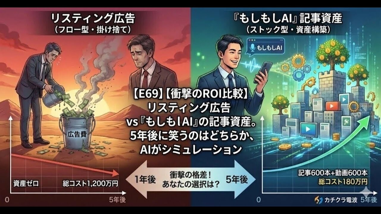 video thumbnail for '【衝撃のROI比較】リスティング広告 vs『もしもしAI』の記事資産。5年後に笑うのはどちらか、AIがシミュレーション【カチクラ電波E69】'