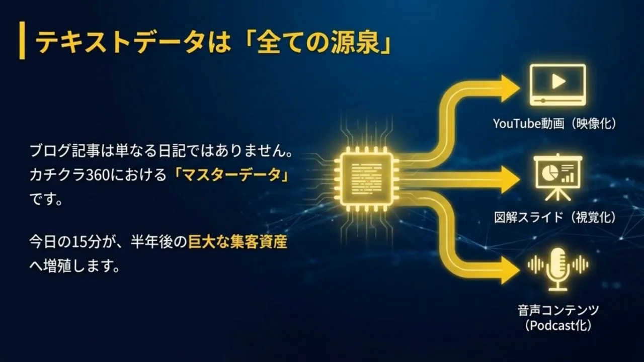 「テキストデータは全ての源泉」と書かれ、テキストからYouTube動画・図解スライド・音声コンテンツへ矢印で派生するスライド画像