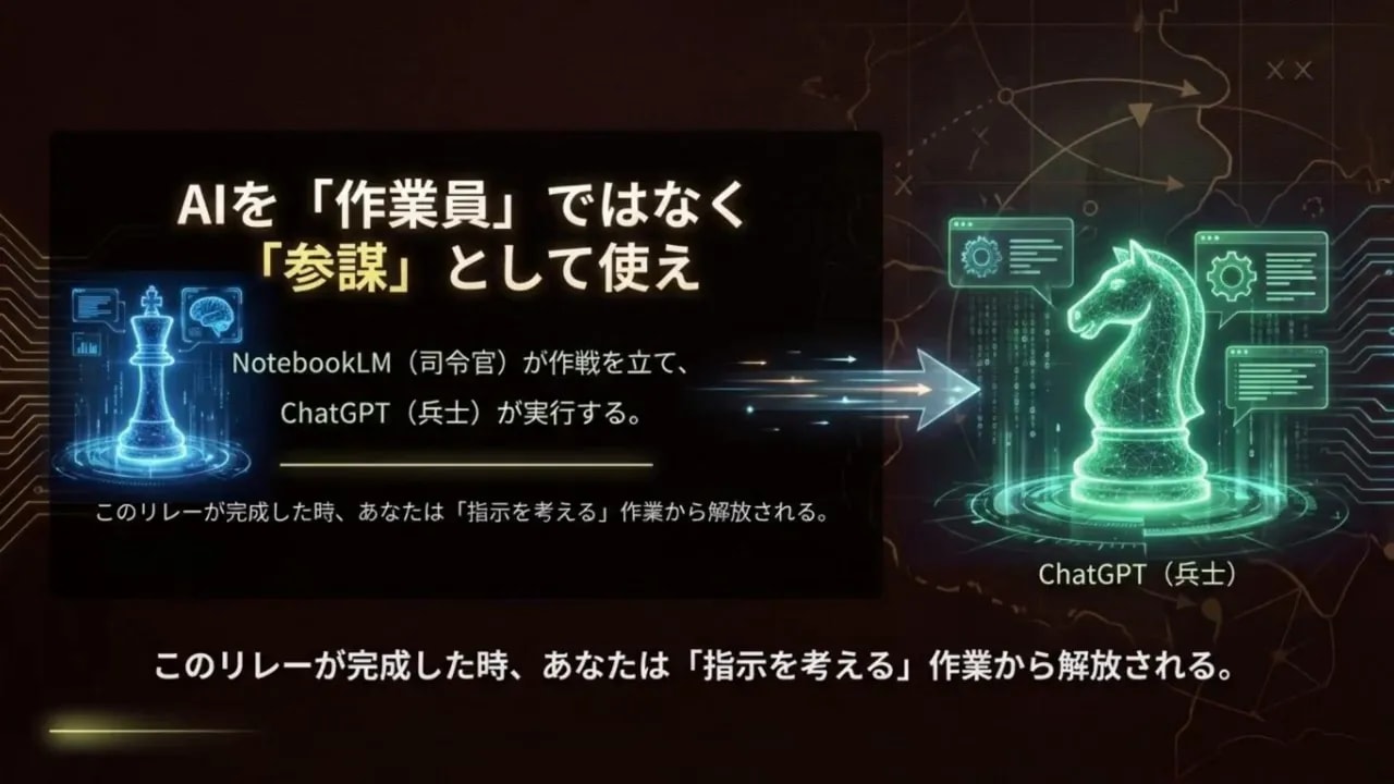 まとめ図：NotebookLM（司令）→ChatGPT（兵士）のリレーを示すインフォグラフィック