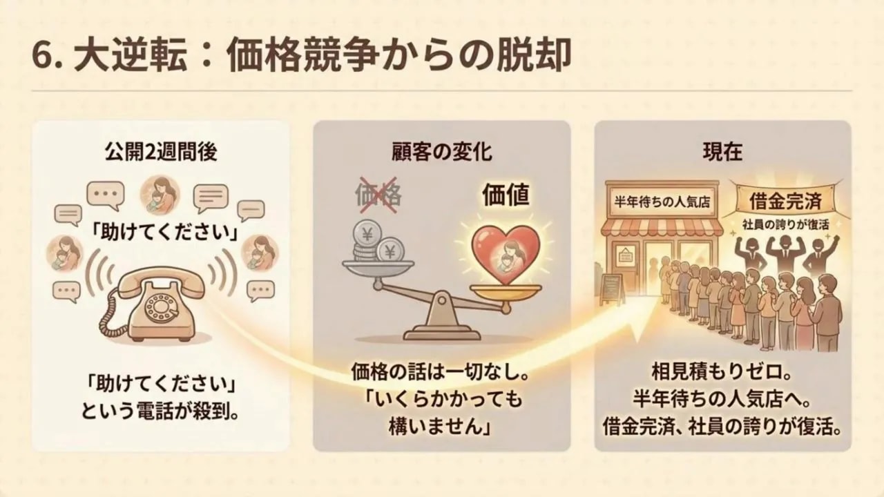 スライド:電話での救援要請→価値重視への転換→半年待ちの人気店と『借金完済』の看板が並ぶ図