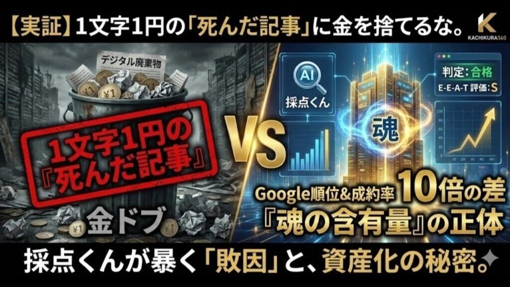 video thumbnail for '【実証】1文字1円の「死んだ記事」に金を捨てるな。Google順位と成約率で10倍の差を生む『魂の含有量』の正体10倍差の「残酷な真実」。【カチクラ電波E85】'