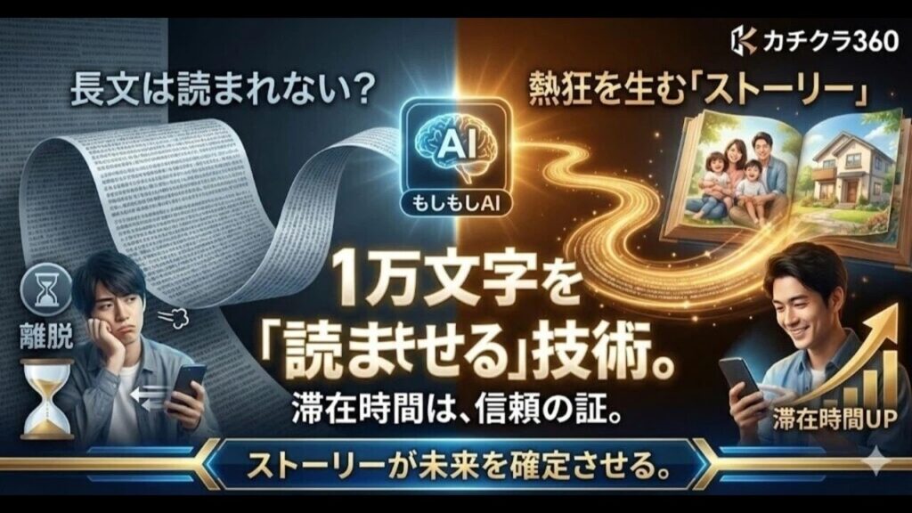 video thumbnail for '【1万文字の正体】「長文は読まれない」は嘘だ。なぜ『もしもしAI』の記事は、顧客を釘付けにし「滞在時間」をハックできるのか？【カチクラ電波E92】'