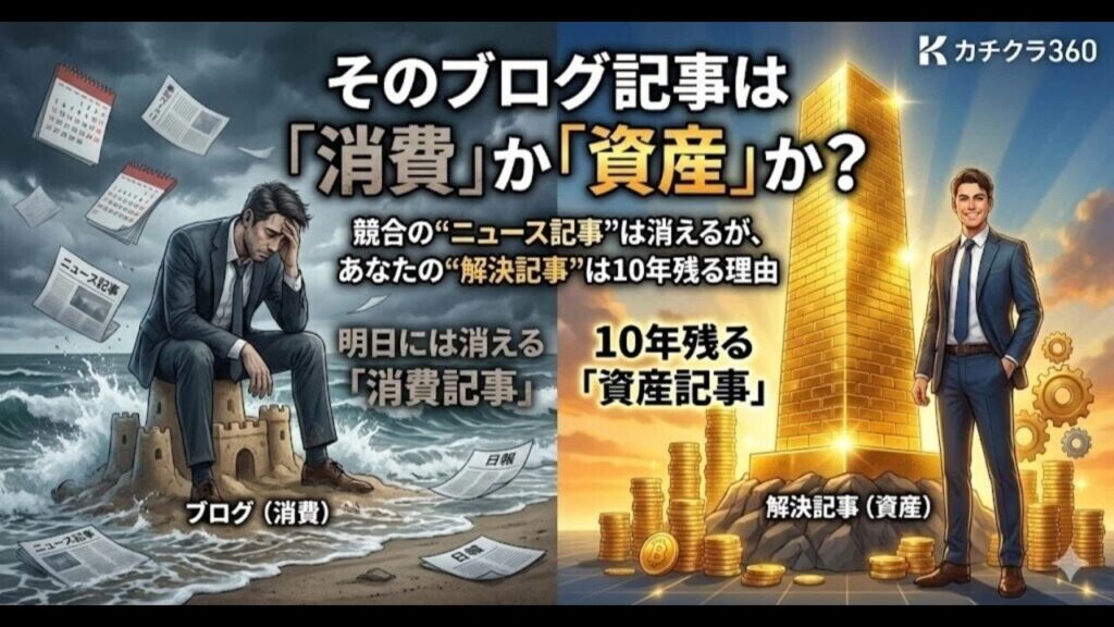 video thumbnail for '【資産防衛】そのブログ記事は「消費」か「資産」か？競合の“ニュース記事”は消えるが、あなたの“解決記事”は10年残る理由【カチクラ電波E91】'