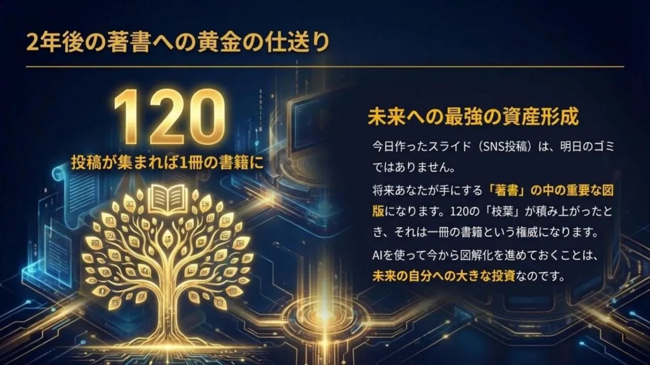 スライド画像:『2年後の著書への黄金の仕送り』見出しと大きな“120”、金色の樹のイラスト
