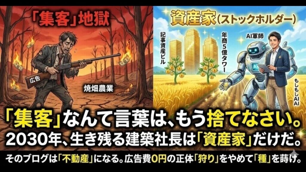video thumbnail for '【予言】「集客」なんて言葉は、もう捨てなさい。2030年、生き残る建築社長は「資産家（ストックホルダー）」だけだ。【カチクラ電波E80】'