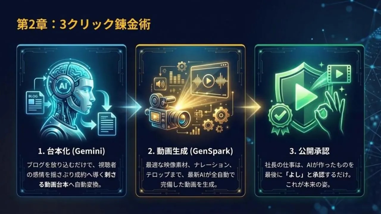スライド：第2章 3クリック錬金術 — 台本化（Gemini）、動画生成（GenSpark）、公開承認の3ステップの図解