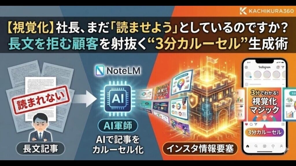 video thumbnail for '【視覚化】社長、まだ「読ませよう」としているのですか？ 長文を拒む顧客を射抜く“3分カルーセル”生成術 〜NoteLMで築くインスタ情報要塞〜【カチクラ電波E87】'