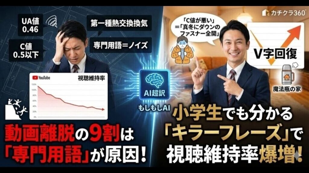 video thumbnail for '【翻訳技術】専門用語は「テロップ」で魅せろ。『もしもしAI』が建築用語を「小学生でも分かるキラーフレーズ」に超訳し、動画の視聴維持率を伸ばす2【カチクラ電波E88】'