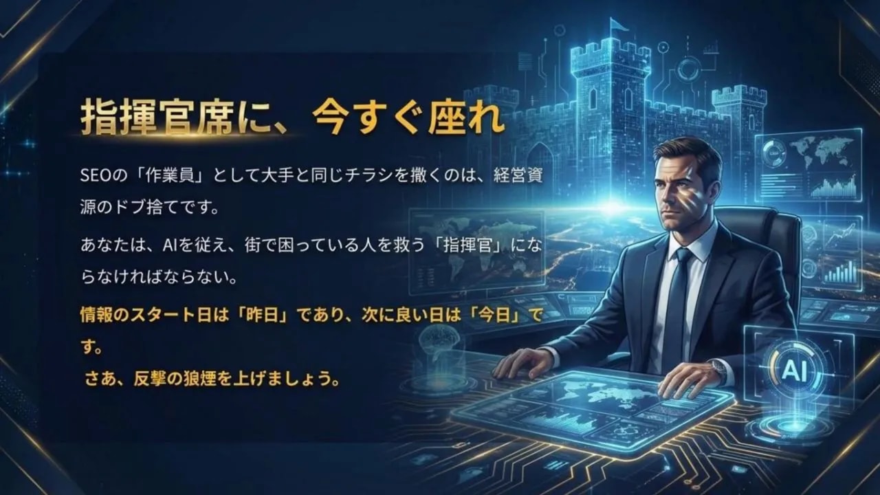 指揮官席に座るビジネスマンとデジタルな城の背景、AIアイコンが表示されたスライド