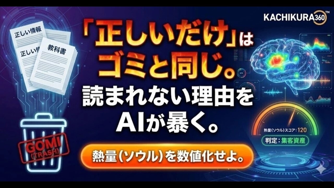 video thumbnail for '【科学】「正しいのにスルーされる記事」の末路。AIが見抜く『魂（ソウル）スコア』が、あなたのブログを“集客資産”に変える。【カチクラ電波E83】'