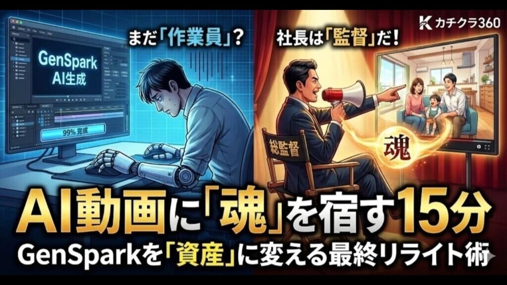 video thumbnail for '【最終リライト】AI動画に「魂」を宿すのは誰か？『GenSpark』の生成物に、社長の“声”と“想い”を吹き込む「ディレクター」としての15分【カチクラ電波E90 】'