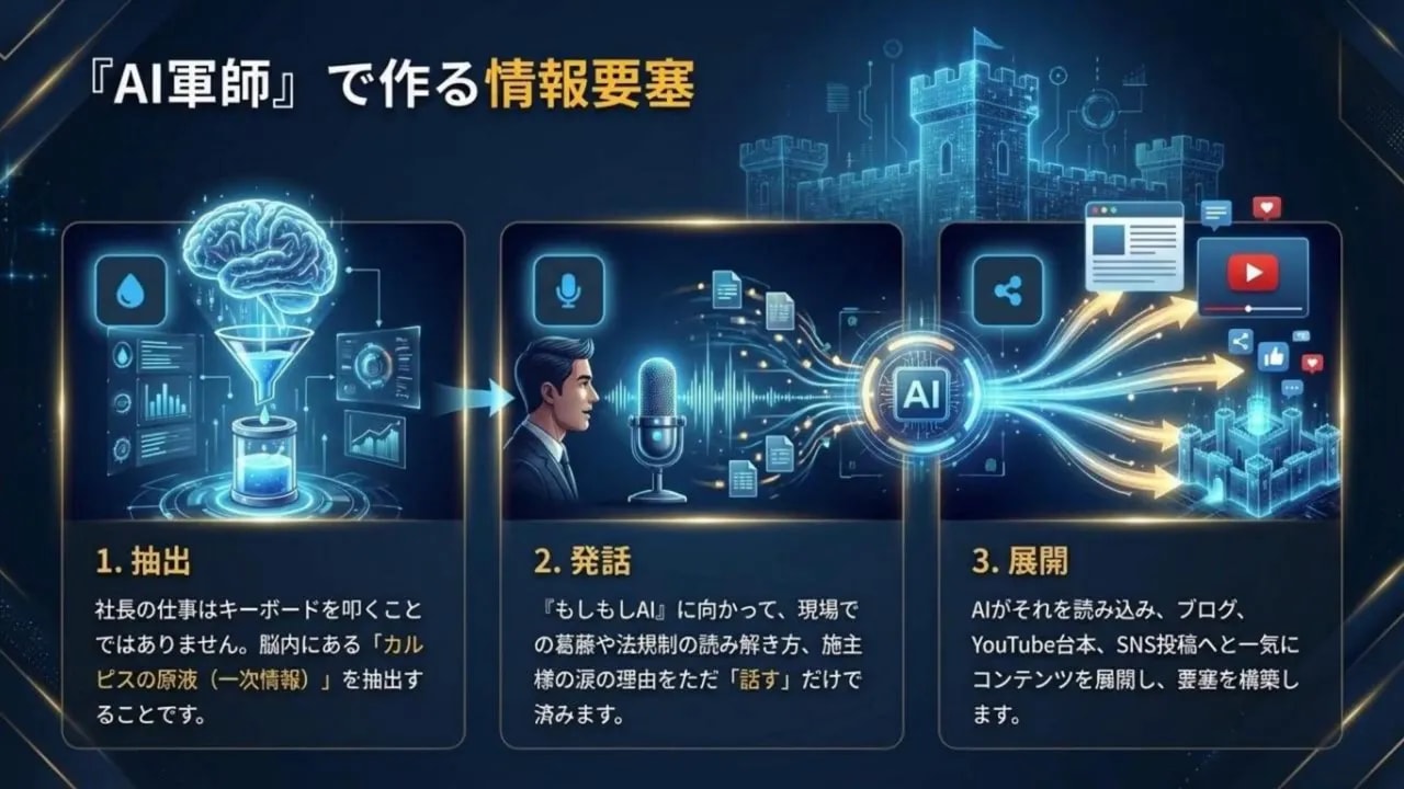 AI軍師で作る情報要塞の説明スライド（抽出・発話・展開の図）