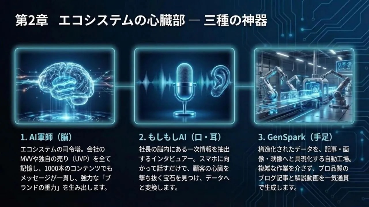 AI軍師・もしもしAI・GenSparkの三種の神器を図解したエコシステム図