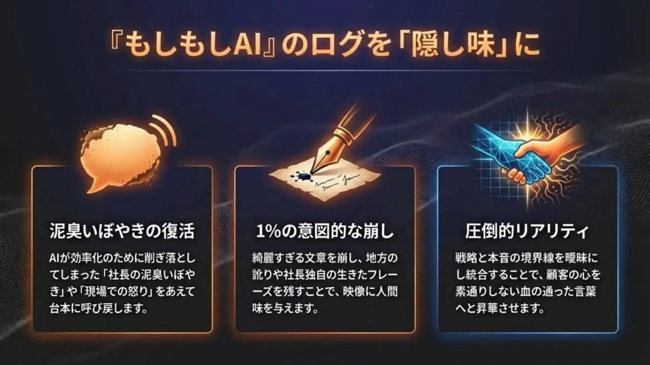 AIが整えた文章から現場の匂いへ戻す図解(泥臭いぼやき、1%の意図的な崩し、圧倒的リアリティ)