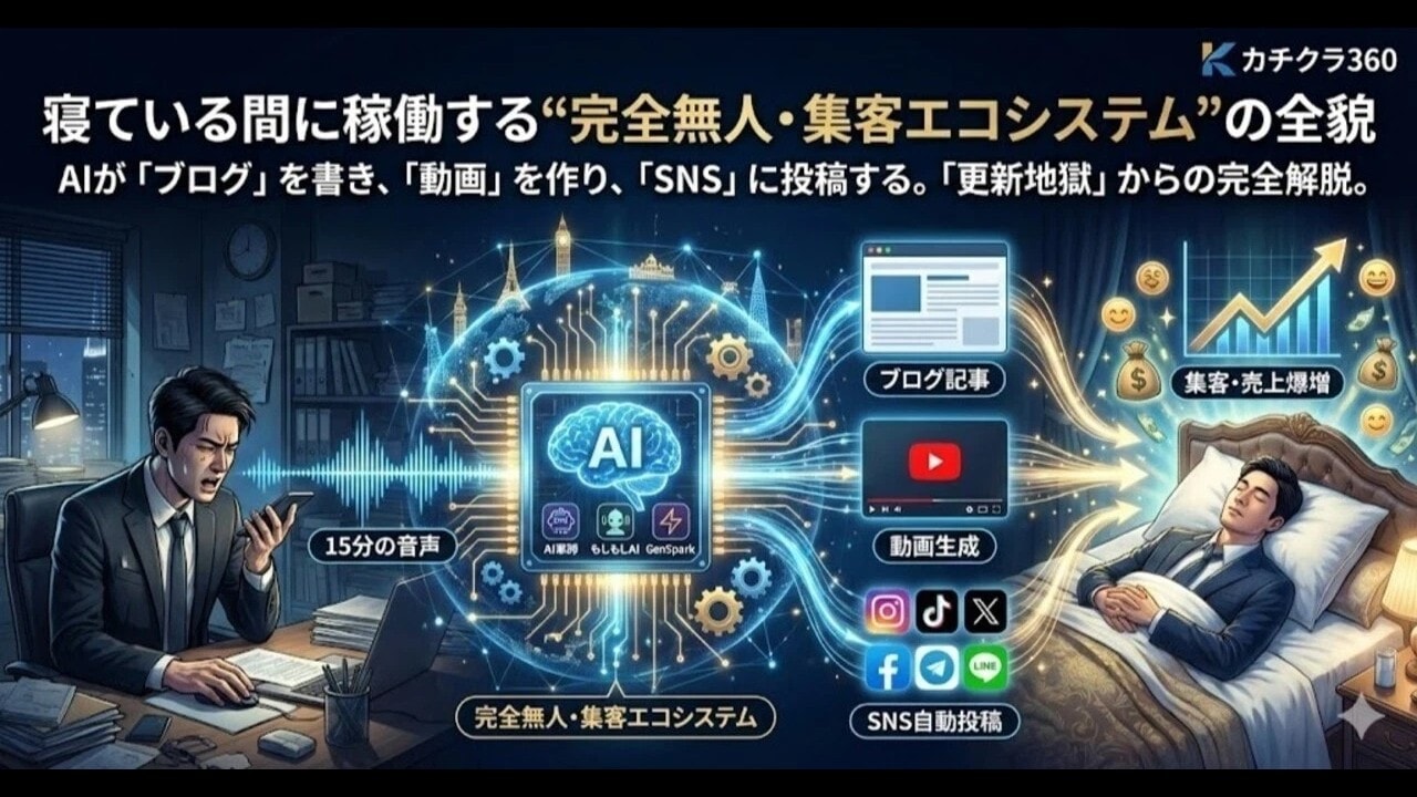 video thumbnail for '【自動化】AIが「ブログ」を書き、「動画」を作り、「SNS」に投稿する。社長が寝ている間に稼働する“完全無人・集客エコシステム”の全貌【カチクラ電波E89】'