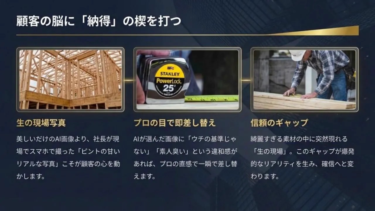AI動画の視覚差し込み:生の現場写真・プロ目線の差し替え・信頼のギャップ