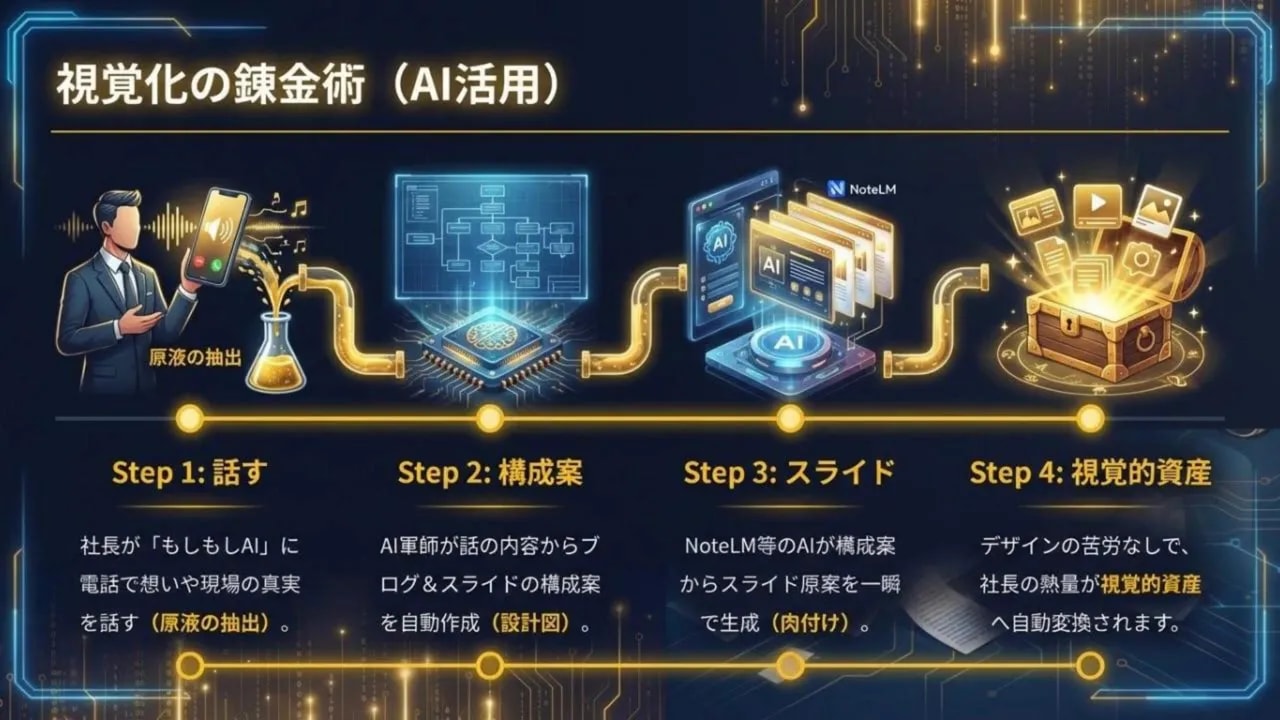 高解像度のインフォグラフィック:話す→構成案→スライド→視覚資産というAIワークフローを示す図