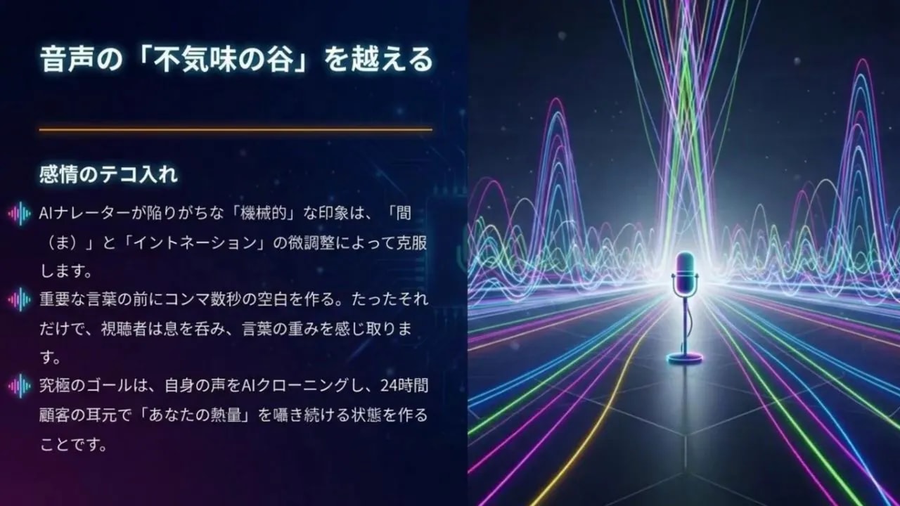 音声の不気味さの谷を越えるための「間」とイントネーション設計を示す図