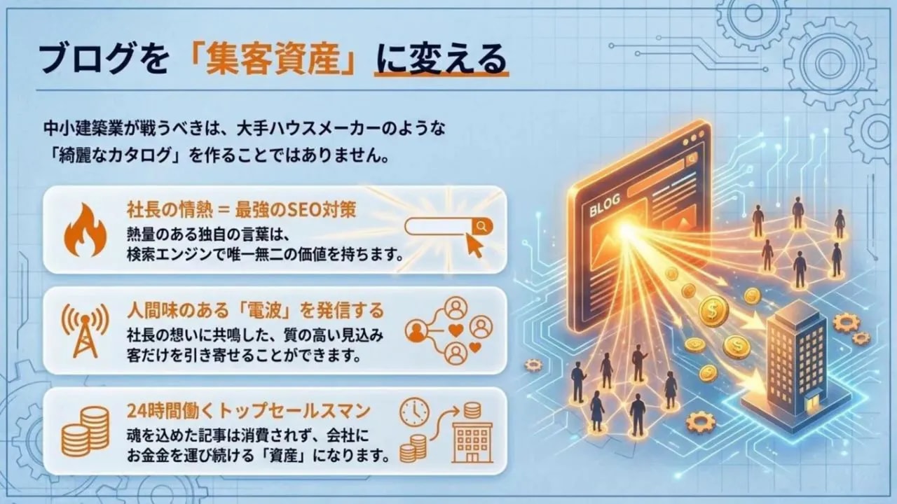 ブログを集客資産に変えるスライド（社長の情熱・人間味・24時間働くトップセールスマンを示すインフォグラフィック）