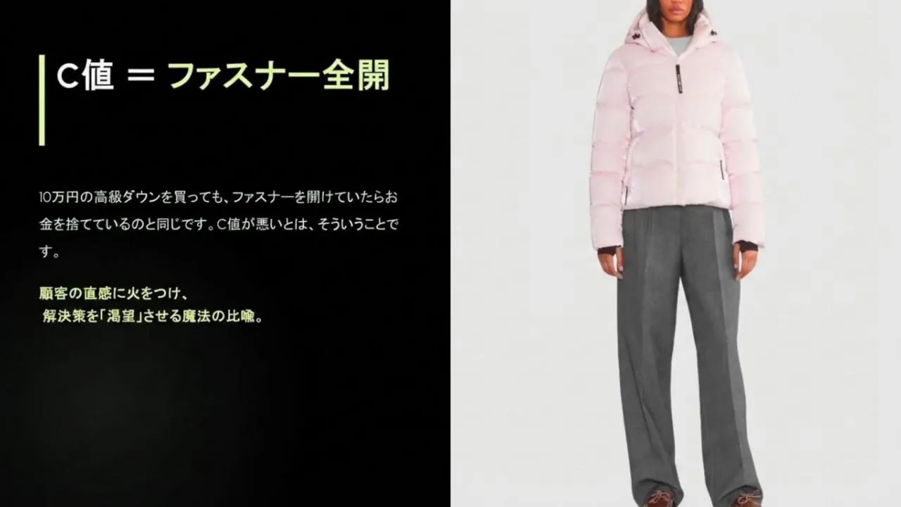 黒いスライドに『C値＝ファスナー全開』の見出しと解説文、右側にピンクのダウンジャケットの画像