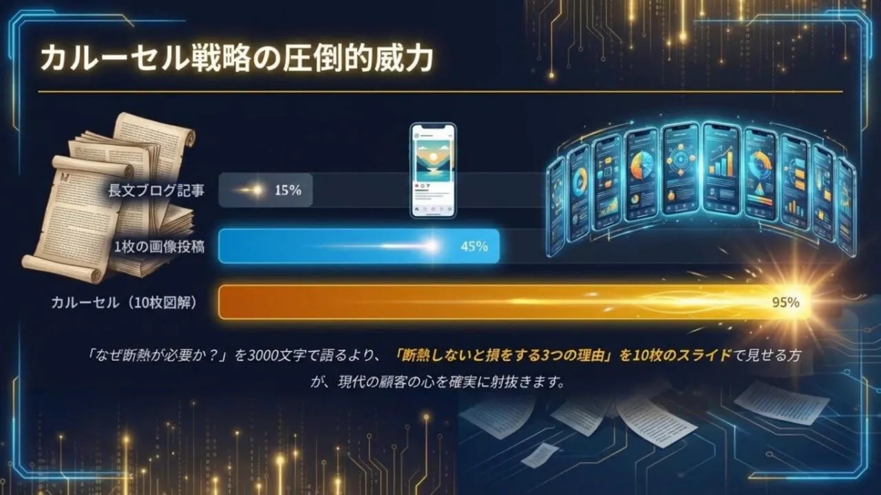 スライド:カルーセル戦略の圧倒的威力。長文ブログ15%、1枚画像45%、カルーセル(10枚)95%の比較グラフ