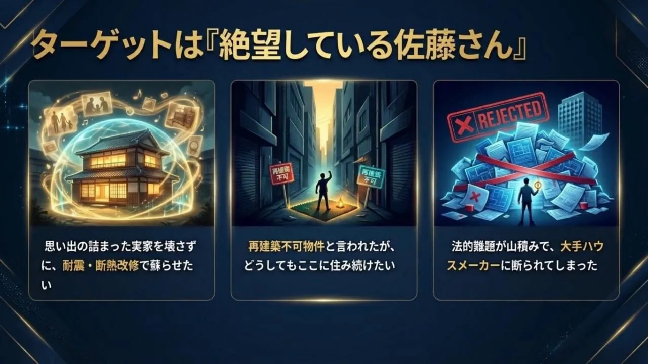 再建築不可と言われた狭い路地に立ち、困り果てている人物のイラスト（再建築不可の看板が見える）
