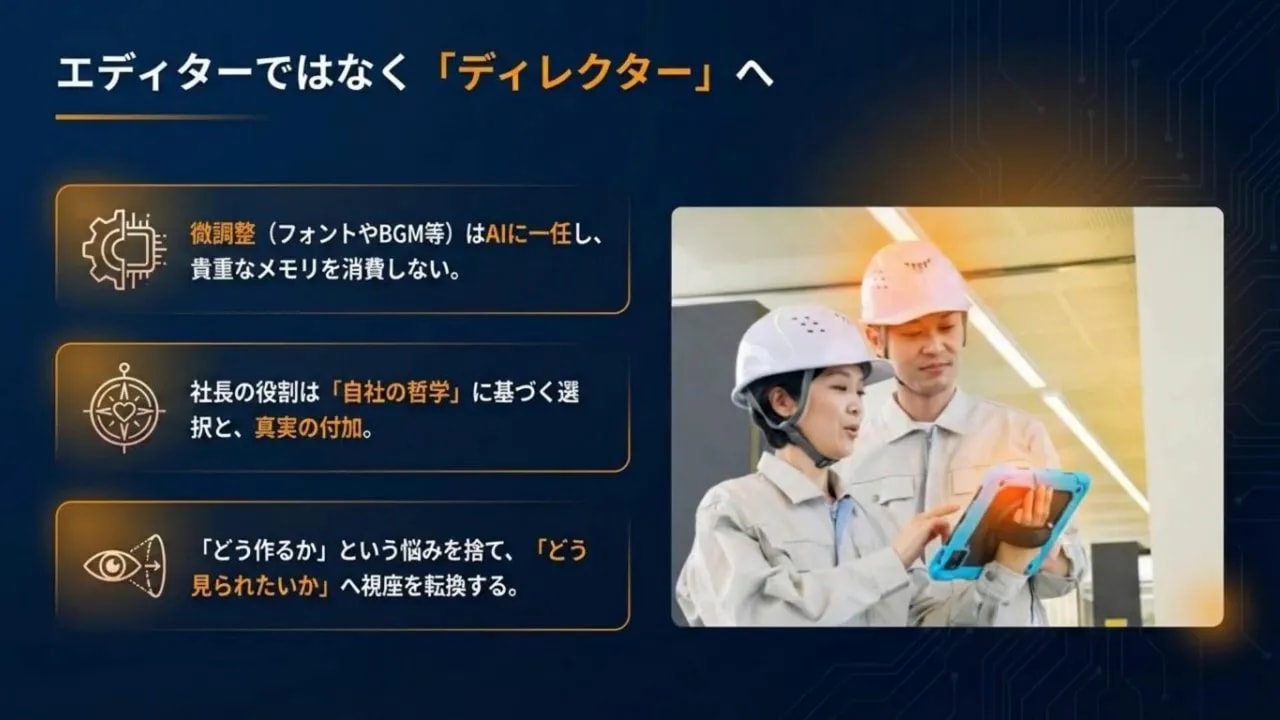「エディターではなく『ディレクター』へ」—微調整よりも真実の付加を促すスライドと、建設現場の作業員の画像