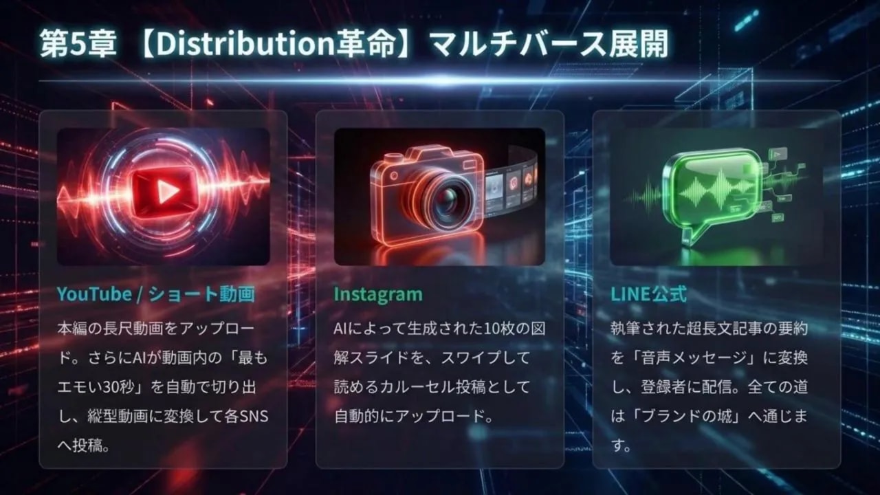 ディストリビューション革命の図:YouTubeショート、Instagram、LINEの自動展開