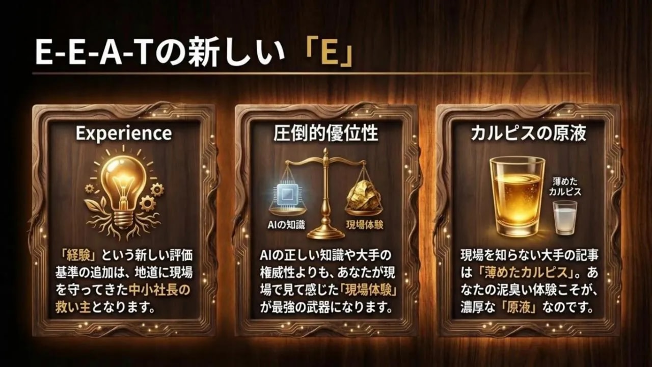 スライド：E-E-A-Tの新しい「E」を示す3パネル（Experience／圧倒的優位性／カルピスの原液）