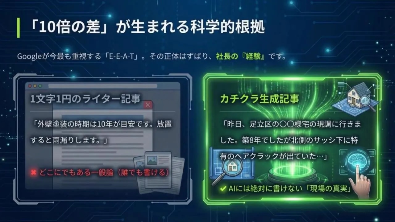 比較スライド：左は1文字1円の一般論記事、右は社長の経験を反映した高解像度記事（カチクラ生成記事）の対比