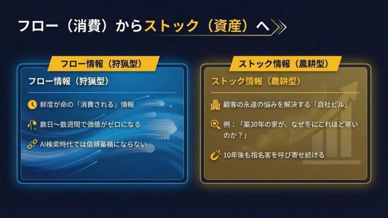フロー情報（狩猟型）とストック情報（農耵型）の比較スライド