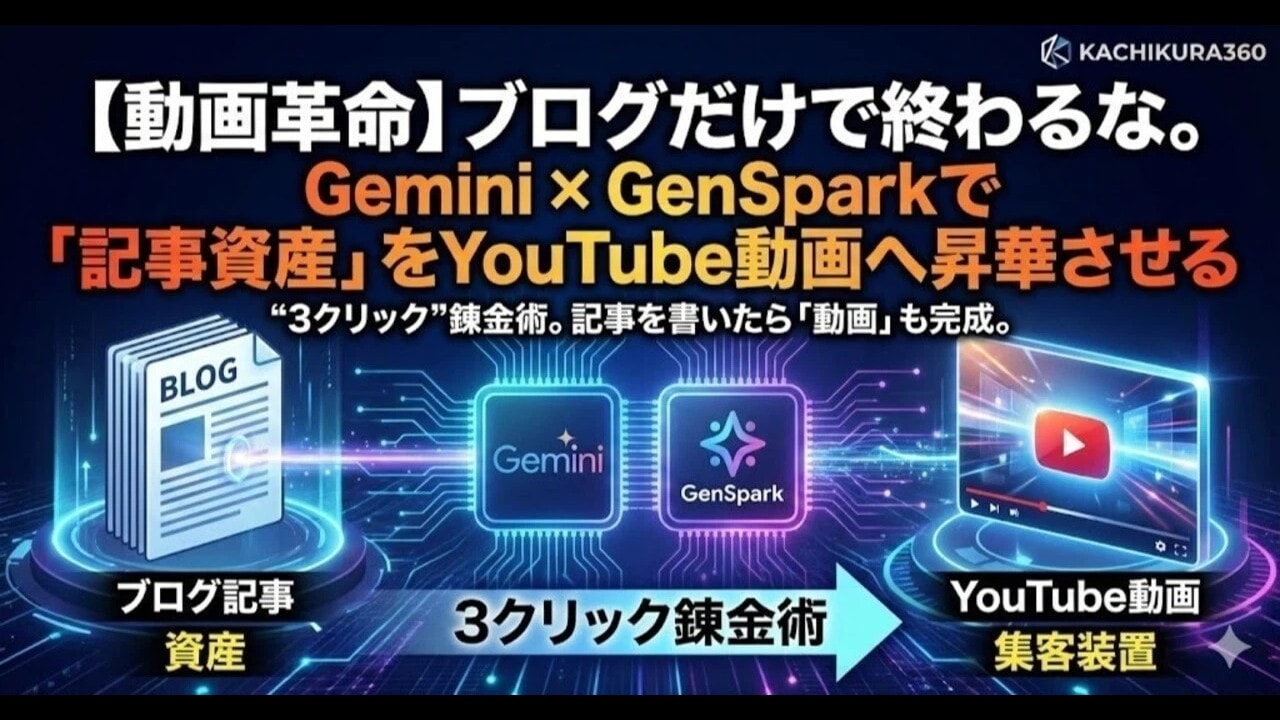 video thumbnail for '【動画革命】ブログだけで終わるな。Gemini × GenSparkで「記事資産」をYouTube動画へ昇華させる“3クリック”錬金術記事を書いたら「動画」も完成。【カチクラ電波E86】'