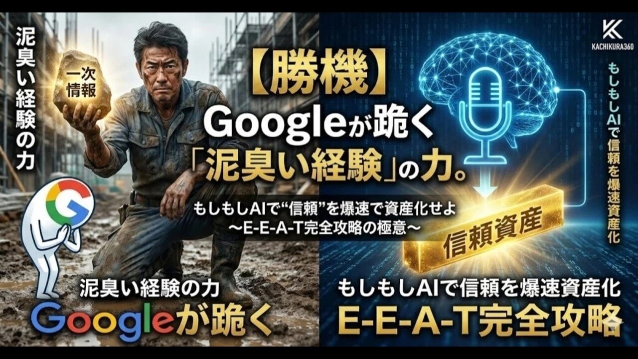 video thumbnail for '【勝機】Googleが跪く「泥臭い経験」の力。もしもしAIで“信頼”を爆速で資産化せよ 〜E-E-A-T完全攻略の極意〜【カチクラ電波E82】'