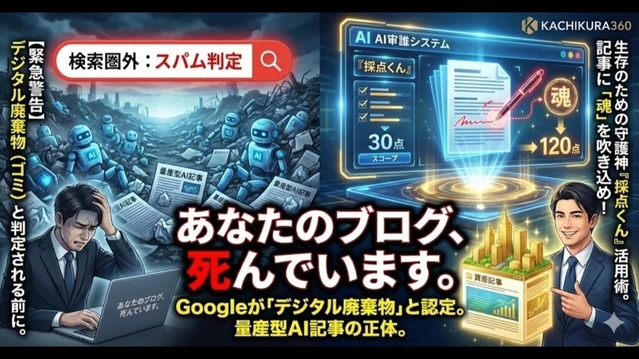 video thumbnail for '【緊急警告】あなたのブログ、死んでいます。Googleに「デジタル廃棄物（スパム）」と判定される“量産型AI記事”の正体と、生存のための『採点くん』活用術【カチクラ電波E81】'