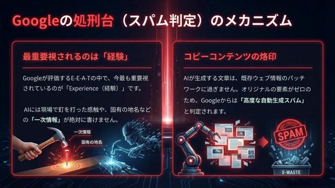 Googleの処刑台（スパム判定）のメカニズムを示すスライド。左にExperience（経験）の重要性、右にAI生成コンテンツがスパムとして廃棄されるイメージ。